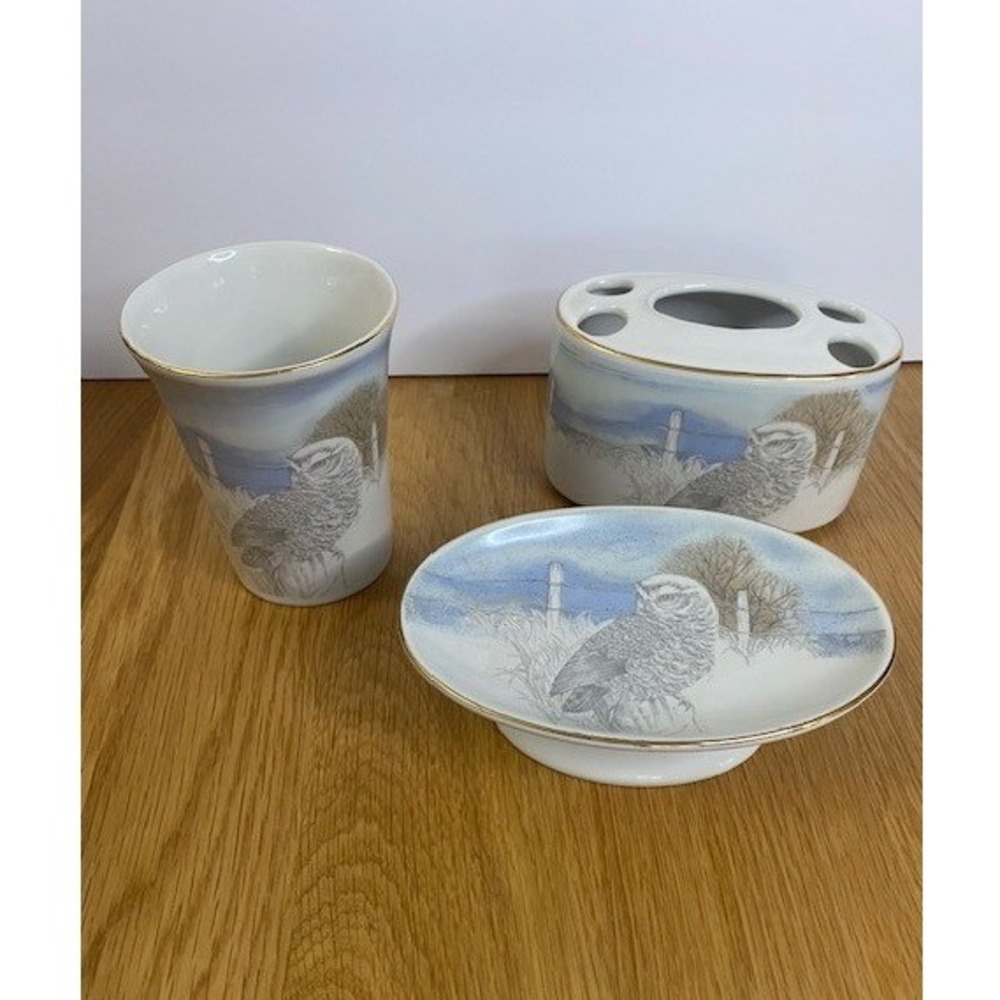 Otagiri Owl Bathroom Set Unisex OS Blue Good Vintage Ceramic Japan 3pc Gold Trim